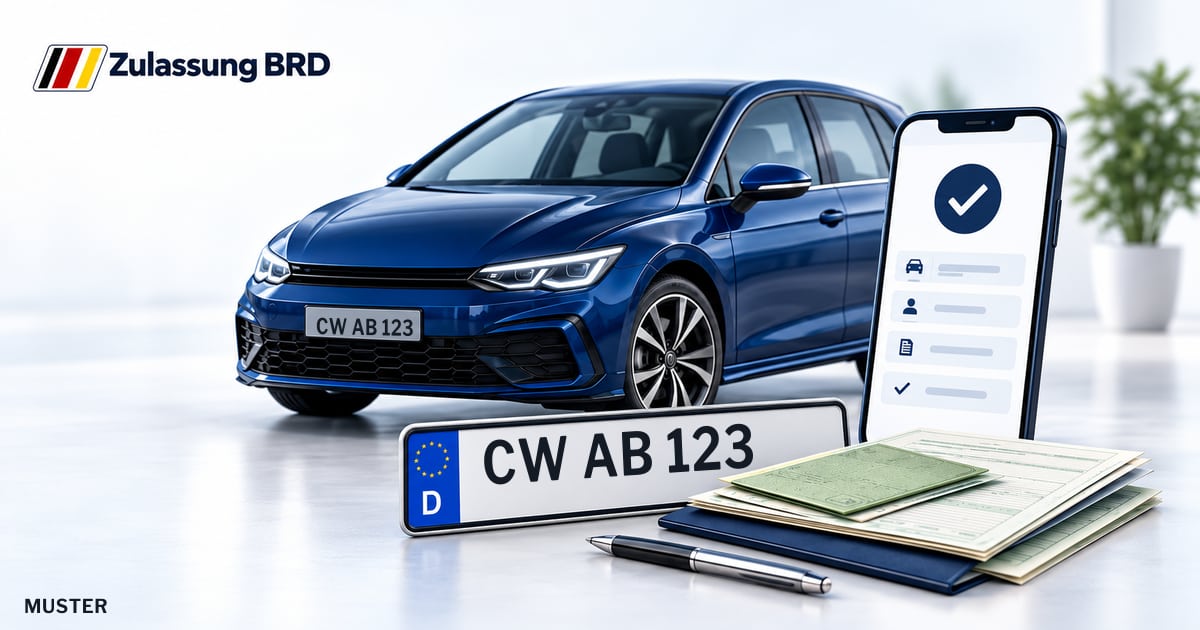 Online Fahrzeugzulassung in Calw: Musterkennzeichen CW AB 123, Auto und Fahrzeugpapiere und Smartphone. Illustration mit Logo von Zulassung BRD.